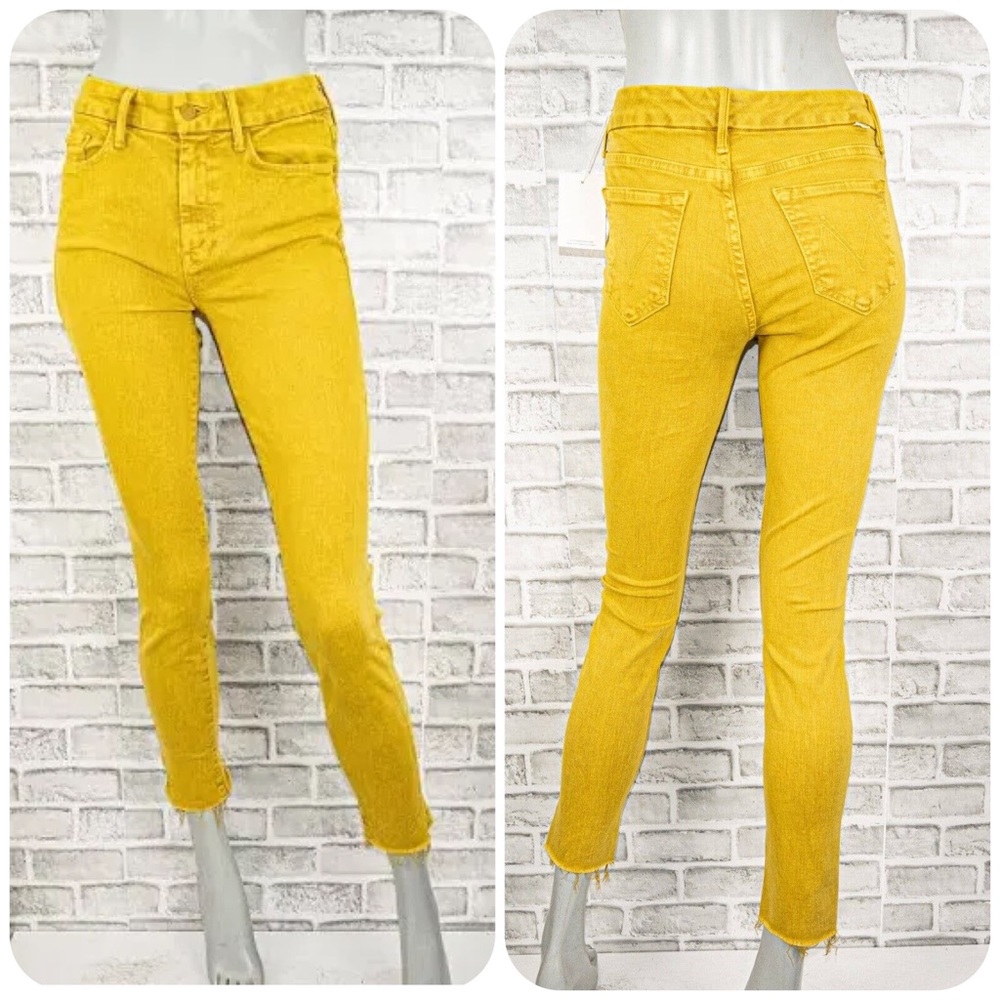 EUC MOTHER Mineral Yellow Wash Denim The Looker Ankle Snippet Jeans